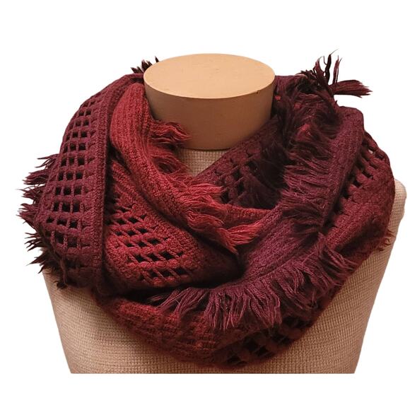 Mixit Acrylic Knit Fringed Boho Infinity Scarf Maroon Orange Large - Picture 2 of 5
